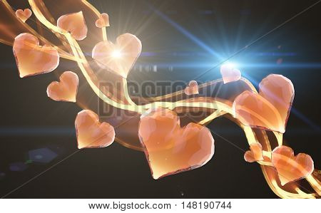 Red gem hearts leading fire smoke wave isolated on dark background. Geometric rumpled triangular low poly style graphic 3d render illustration. Raster polygonal design for your business.