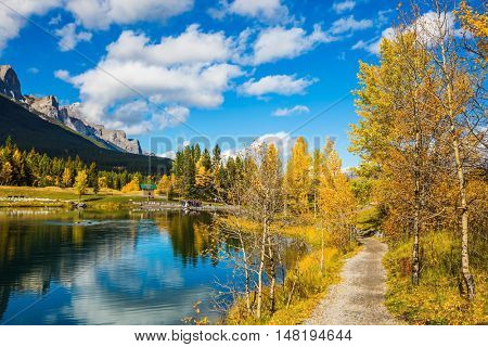 The path and yellowing aspens surround the lake. The concept of hiking. Bright shining autumn day in Canmore, near Banff National Park