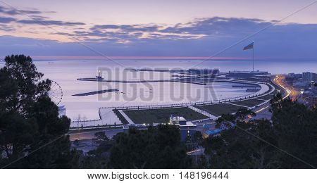 Sunrise over the seaside boulevard in Baku.Azerbaijan