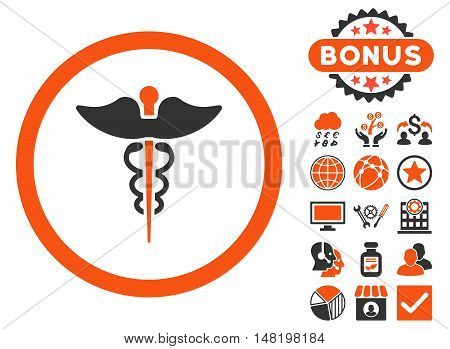 Caduceus icon with bonus elements. Vector illustration style is flat iconic bicolor symbols, orange and gray colors, white background.