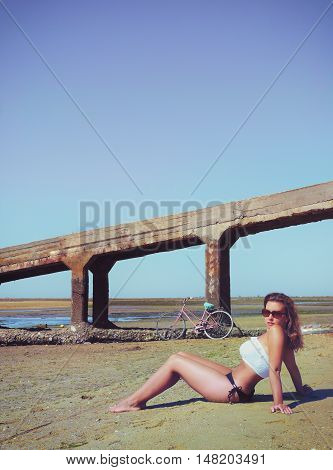 Female on the beach against the sea in Portugal