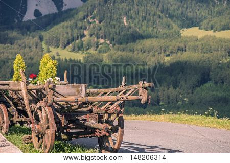 cart with flowers on a background of mountains