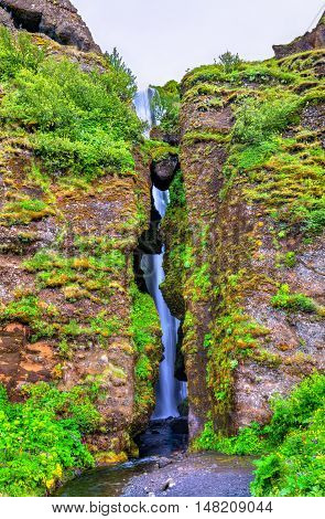 Gljufrafoss or Gljufrabui, a waterfall obscured by a rock - South Iceland