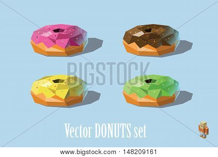 Vector set illustration of donuts; chocolate, strawberry, mint, mellon, modern polygonal food icons, low poly , isolated object