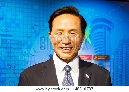 BANGKOK THAILAND - DECEMBER 19: Wax figure of the famous Lee Myung Bak from Madame Tussauds on December 19 2015 in Bangkok Thailand