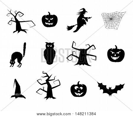 Vector black halloween items on white background.