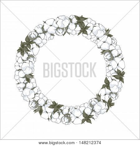 Wreath (frame) with hand drawn cotton flowers vector illustration