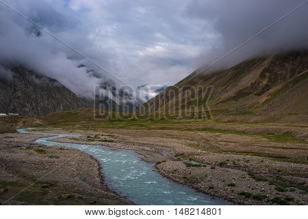 Himalayan mountain landscape along Manali - Leh National Highway in Ladakh, Jammu and Kashmir state, India.