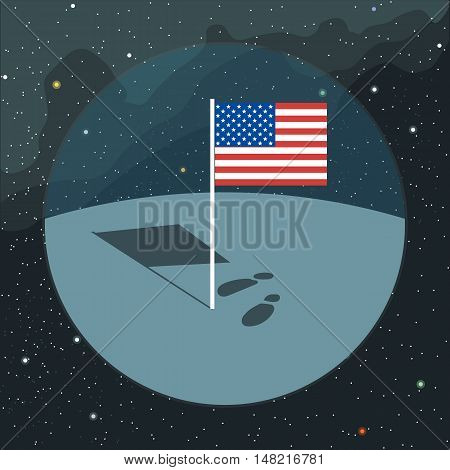 Digital vector with american usa flag icon, planet, shadow and foot steps, over background with stars, flat style