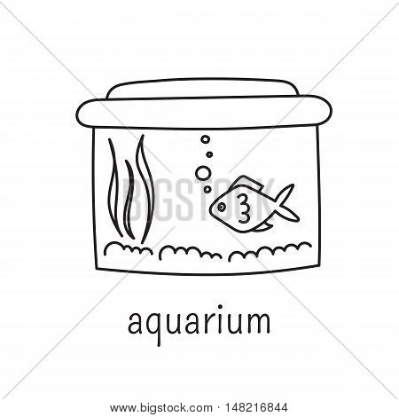 Hand drawn thin line icon, vector logo template illustration. Aquarium care isolated symbol. Fish in the water tank. Black on white pictogram. Simple mono linear modern design.