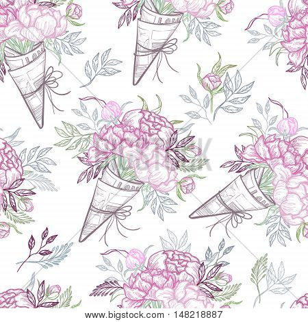 Hand Drawn Vector Sealess Pattern - Fashion Bouquets Of Peonies, Leaves, And Blossom. Floral Design