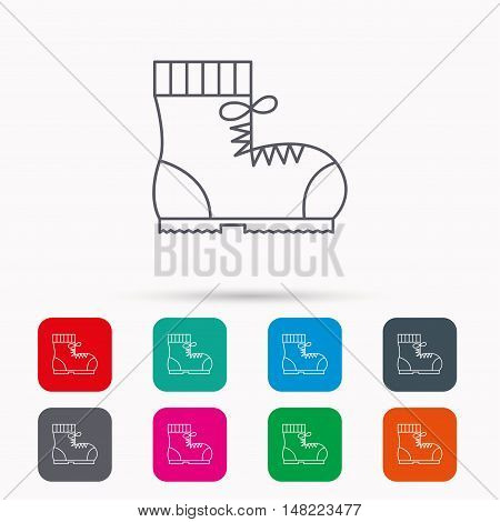 Boot icon. Hiking or work shoe sign. Military footwear symbol. Linear icons in squares on white background. Flat web symbols. Vector