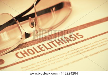 Cholelithiasis - Medical Concept with Blurred Text and Specs on Red Background. Selective Focus. 3D Rendering.