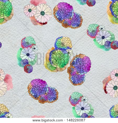 Seamless floral pattern with asters and daisy flowers. Floral watercolor background.