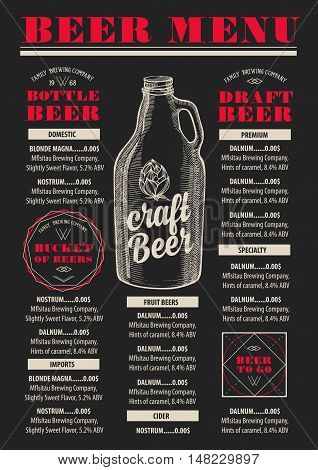 Beer menu placemat food restaurant brochure; template design. Vintage creative alcohol flyer with hand-drawn graphic.