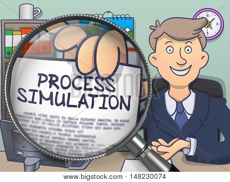 Businessman Sitting in Offiice and Shows Paper with Concept Process Simulation. Closeup View through Magnifier. Colored Modern Line Illustration in Doodle Style.