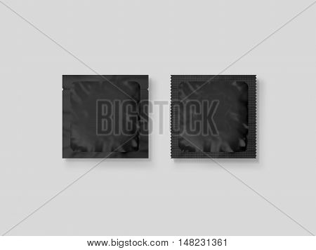Blank small plastic packet design mockup 3d illustration clipping path. Clear retort sachet mock up template. Clean black pouch bag for condom wet napkin sugar shampoo or medicine powder.
