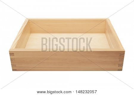 Empty yellowish wooden box. Made of pine, isolated on white background.