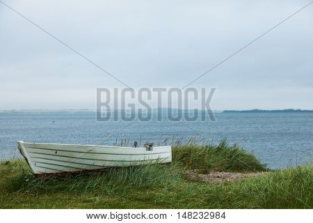 Boat aground on the grassy beach