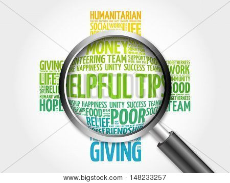 Helpful Tips Word Cloud With Magnifying Glass, Cross Concept 3D Illustration