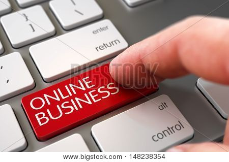 Business Concept - Male Finger Pointing Red Online Business Button on Computer Keyboard. 3D Render.