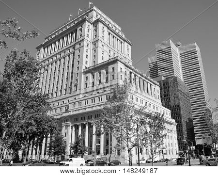 MONTREAL QUEBEC CANADA 09 17 2016: Sunlife building in Montreal canada.The Sun Life Building is an historic office building at 1155 Metcalfe Street. Place ville Marie in background.