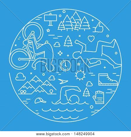Linear concept for triathlon. Vector line round banner triathlon for web. Open path.