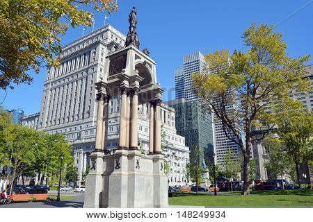 MONTREAL QUEBEC CANADA 09 23 2016: Sunlife building in Montreal canada.The Sun Life Building is an historic office building at 1155 Metcalfe Street. Place ville Marie in background.