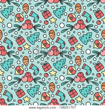 Hand Drawn Christmas Seamless Pattern. New Year Background. Print with Christmas Tree and Presents. Winter Season Line Art Style Illustration. Vector design. Cartoon Omelas.