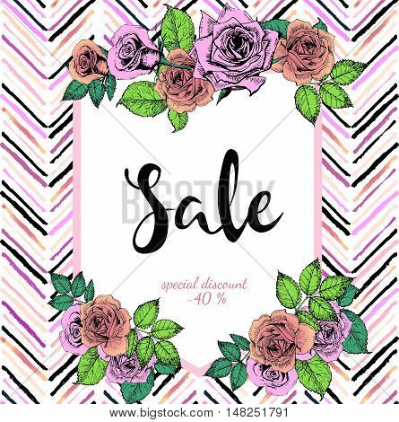 Vector banner for great sale. Chevron text template. Rose gold flowers and chevron modern brush spot in trendy pastel colors. Use for business fashion promotion.