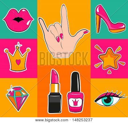Fashion patch badges with lips, hearts, speech bubbles and other elements. Set of fashion stickers, icons, pins, patches in cartoon 80s-90s comic cartoon style.