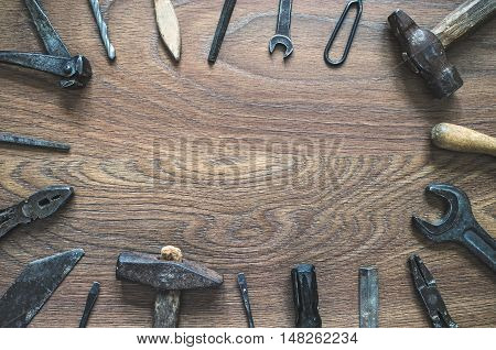 Vintage Tools On Wooden Background. Fathers Day Card.