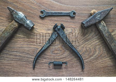 Vintage Tools On Wooden Background. Fathers Day Card.