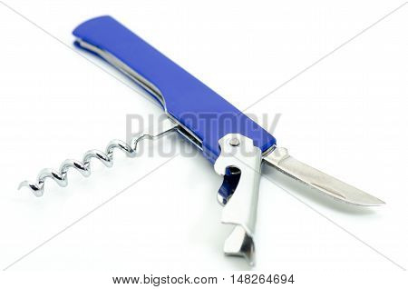 Blue multi-purpose tool with cockscrew and knife blade isolated on white