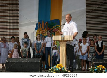 LUTSK UKRAINE - 24 August 2012: People's deputy of Ukraine Ihor Palytsia delivers a speech during the celebration of Independence Day