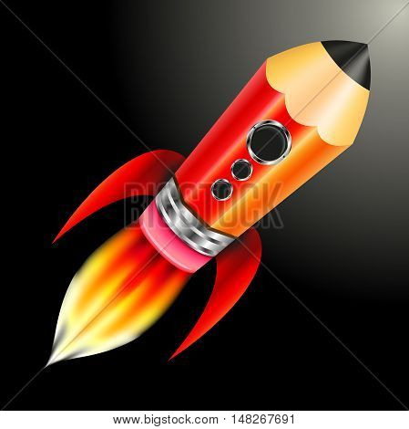 Creative design concept with red pencil as flying rocket on  black background