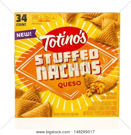Winneconne WI - 12 August 2016: Box of Totino's stuffed nachos in queso flavor on an isolated background.