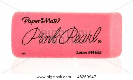 Winneconne WI - 12 August 2016: Paper mate pink pearl eraser on an isolated background.