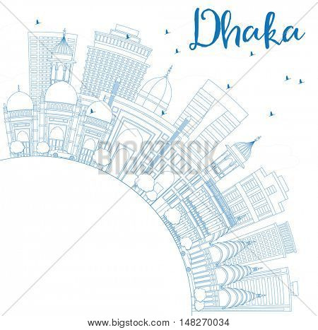 Outline Dhaka Skyline with Blue Buildings and Copy Space. Vector Illustration. Business Travel and Tourism Concept with Historic Buildings. Image for Presentation Banner Placard and Web Site.