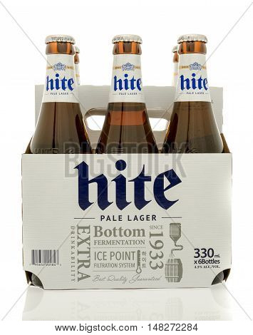 Winneconne WI - 30 August 2016: Six pack of Hite beer from South Korea on an isolated background.