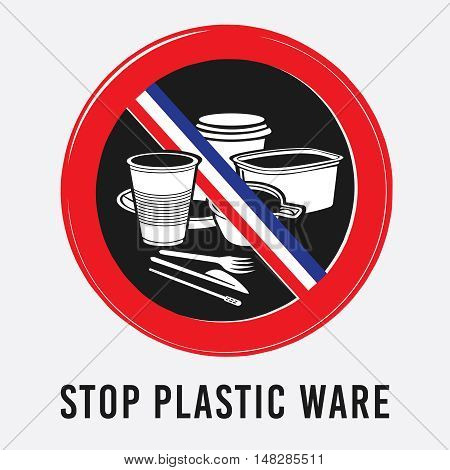 vector plastic, tableware, glass, bowl, cup, knife, fork stick stop sign environment ban French flag