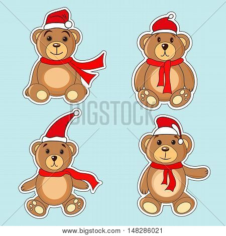Bears Brown Stickers In Christmas Hats Santa Claus