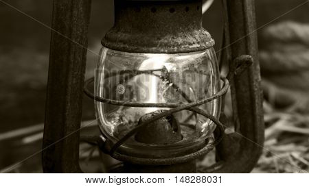 Vintage Old Rusted Lanter On Wooden Background