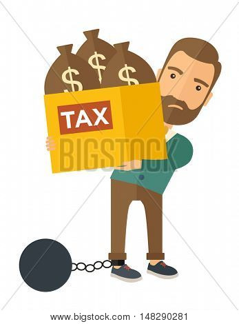 A Caucasian businessman locked in a debt ball in chain for commiting crime in tax ivasion. Debt concept. A Contemporary style. flat design illustration isolated on white background. Vertical layout.