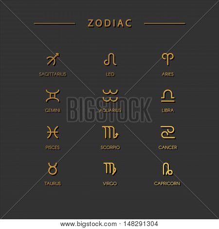Thin line vector zodiacal symbols. Astrology horoscope sign graphic design elements printing template. Zodiac Signs isolated on background.