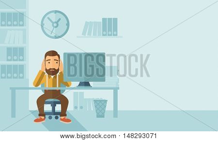 A sad hipster Caucasian businessman with beard sitting infront of his table looking at laptop having a problem reaching the deadline of his report. A contemporary style with pastel palette soft blue