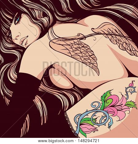 graphics beautiful girl with a tattoo on the back of the wings and flowers