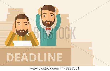 Two sad face hipster Caucasian gentlemen with beard has a big problem because they failed to submit their project  on the deadline with their  two hands raising up. Disappointed, miserable concept. A