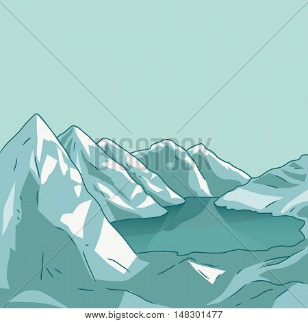 Mountain landscape. Glacial lake. North landscape. Vector modern illustration