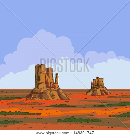 Prairie landscape with blue sky and clouds. Vector illustration. Wild nature.